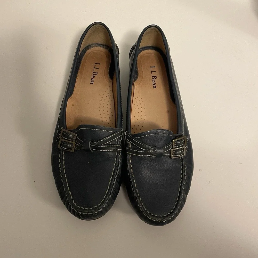L.L..Bean Women's Sz8.5M‎ Classic Navy Loafers Driving Moccasins Leather Buckles
